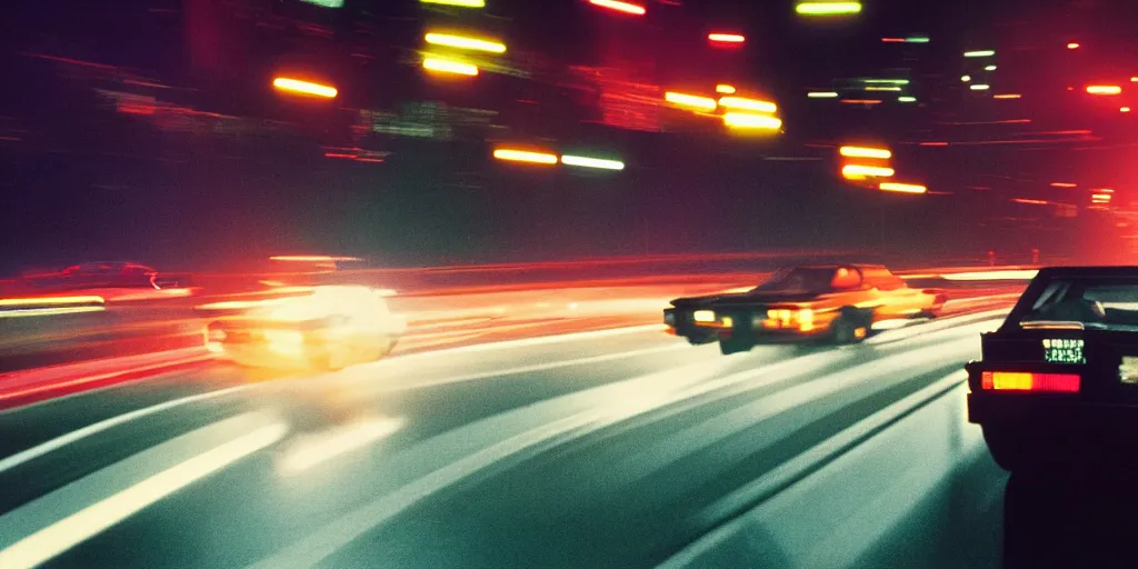 Image similar to 8 0 s neon movie still, high speed car chase on the highway at night with bright city in background, medium format color photography, 8 k resolution, movie directed by kar wai wong, hyperrealistic, photorealistic, high definition, highly detailed, tehnicolor, anamorphic lens, award - winning photography, masterpiece