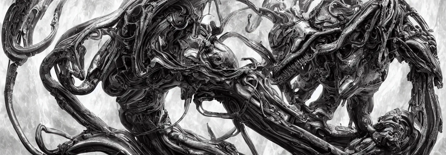 Image similar to engineer prometheus face by Artgerm, xenomorph alien, highly detailed, symmetrical long head, blood color, smooth marble surfaces, detailed ink illustration, raiden metal gear, cinematic smooth stone, deep aesthetic, concept art, post process, 4k, carved marble texture and silk cloth, latex skin, highly ornate intricate details, prometheus, evil, moody lighting, hr geiger, hayao miyazaki, indsutrial Steampunk