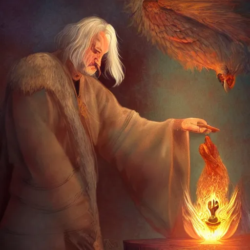 Image similar to a wizard and his phoenix familiar in a magical workshop, fantasy, digital art