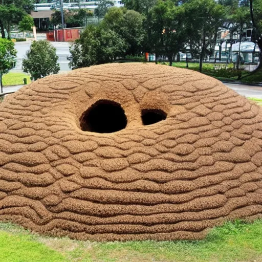 Prompt: a giant anthill in the shape of a school with ants going in and out of it wearing backpacks