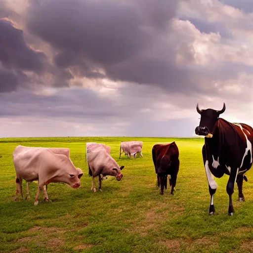 Prompt: a beautiful farm with highly evolved cyborg cows, 4 k