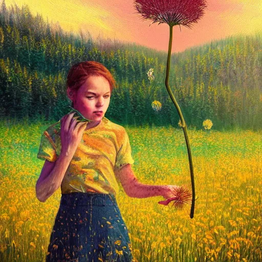 Prompt: girl with dandelion as a face, surreal photography, dream, standing in flower field, hills, big trees, sunrise dramatic light, impressionist painting, colorful clouds, digital painting, pointillism, artstation, simon stalenhag