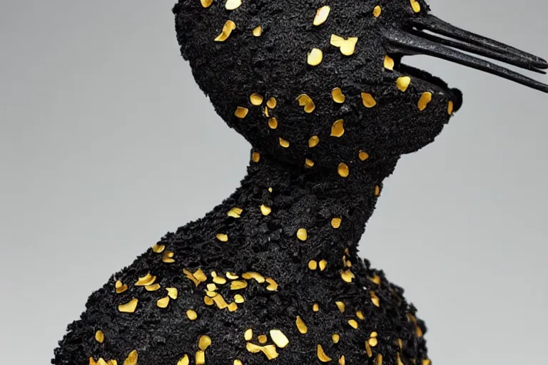 Prompt: full body, beautiful female black, porcelain sculpture, with lots of ornate gold leaf 3 d ibis birds attached to head by daniel arsham and james jean, on a white background, delicate facial features, white eyes, white lashes,