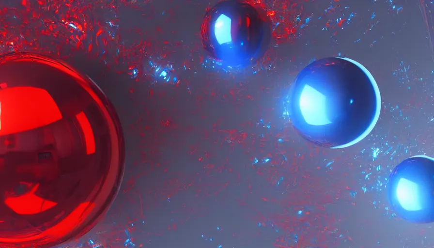 Image similar to metallic blue and red spheres, reflection, volumetric light, hyperdetailed, artstation, cgsociety, 8 k