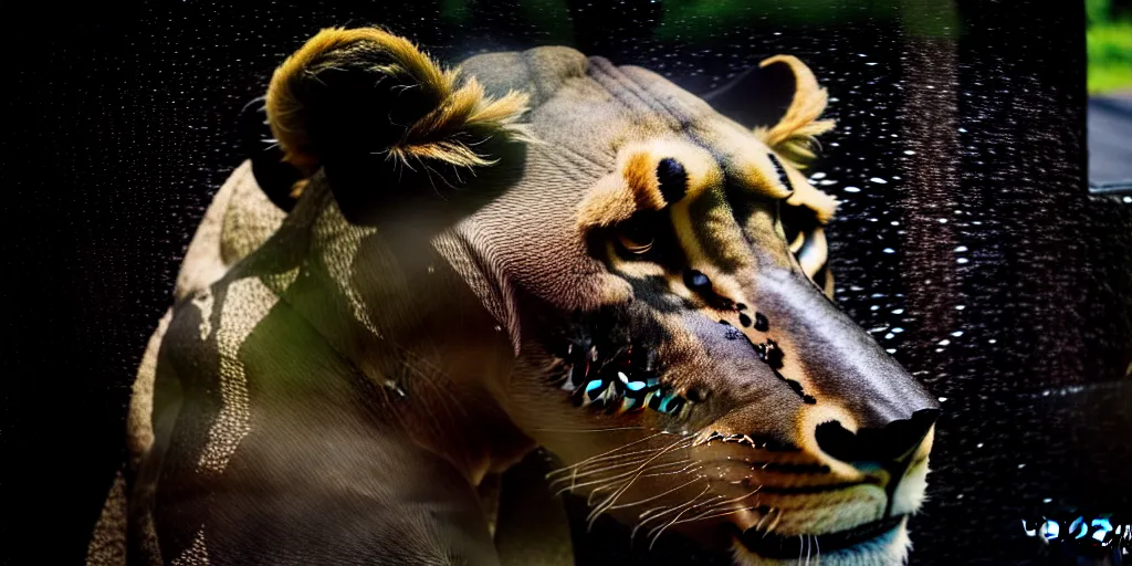 Image similar to the smooth black lioness, made of smooth black goo, in the zoo exhibit, viscous, sticky, full of black goo, covered with black goo, splattered black goo, dripping black goo, dripping goo, splattered goo, sticky black goo. photography, dslr, reflections, black goo, zoo, exhibit