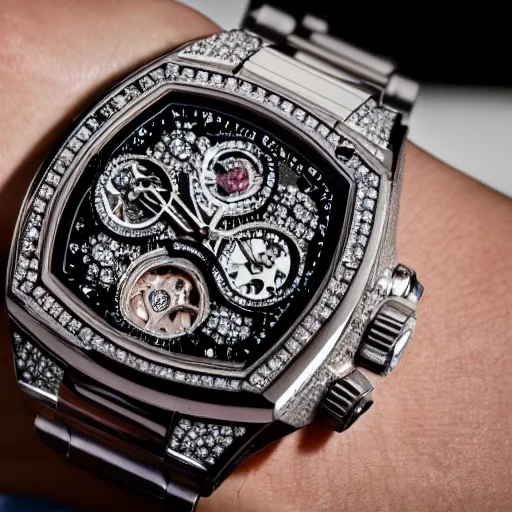 Image similar to vvs diamond alexandrite watch, intricate design, rolex, cogs and gears, steampunk watch, richard mille, promotional photo, 8 k photography