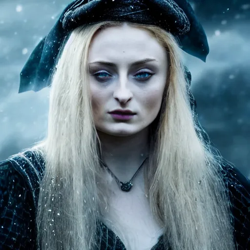 Image similar to sophie turner as a witch, dnd, extreme detail, gorgeous, portrait, beautiful, sharp focus, 4 k, atmospheric, gritty