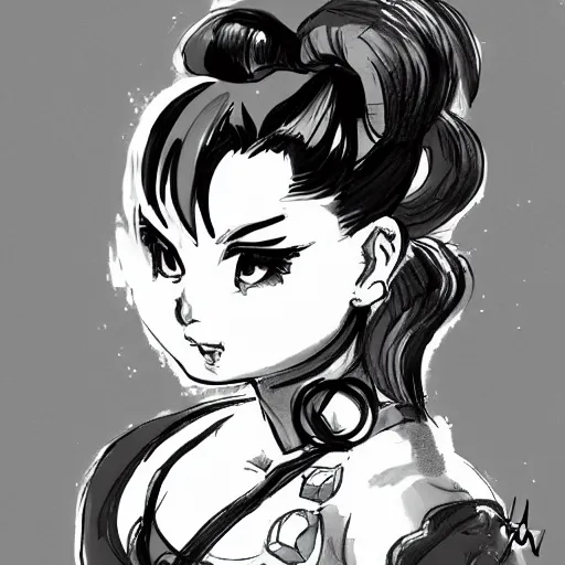 Image similar to a sketch of chun li in the style of gabi tozati