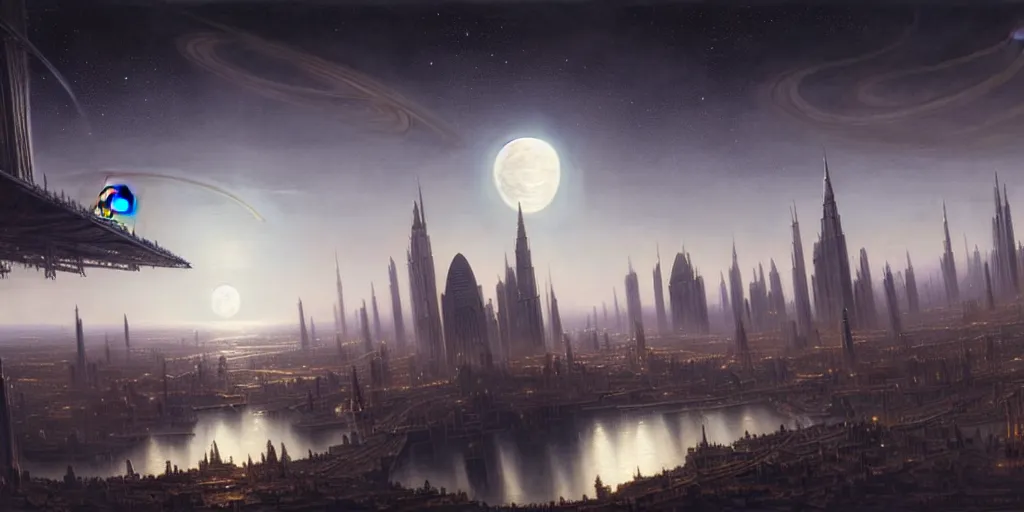 Image similar to planetary city, 2 moons on the horizon of different sizes,, intricate, highly detailed,, photorealistic, digital painting, artstation, illustration, concept art, smooth, sharp focus, by ansel adams and bernardo bellotto, john collier, albert aublet and krenz cushart