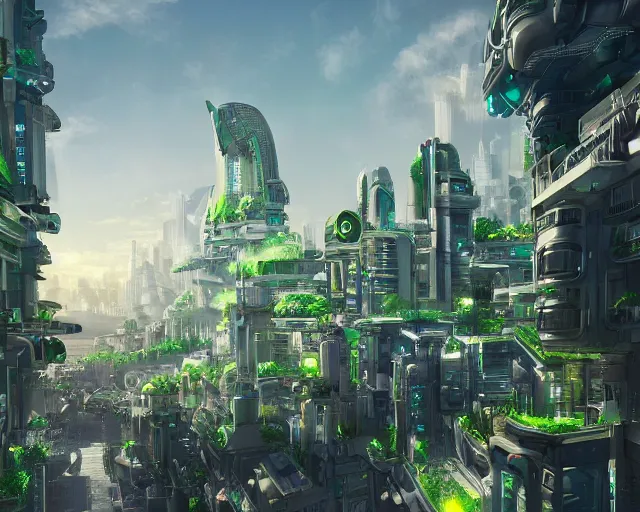 Image similar to A utopian futuristic city with green plants and flowing white buildings, brightly lit by the sun, beautiful lighting, highly detailed digital art, trending on Artstation