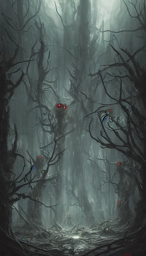 Image similar to a storm vortex made of many demonic eyes and teeth over a forest, by wlop