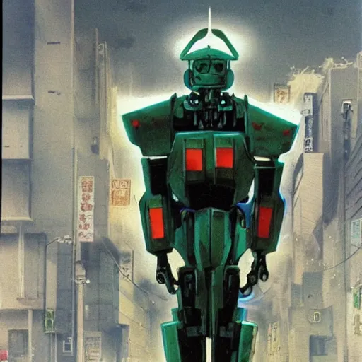 Prompt: 1 9 7 0 s anime screenshot of a sleek, slender, human - scale mecha suit defending the city streets, designed by hideaki anno, drawn by tsutomu nihei, and painted by zdzislaw beksinski