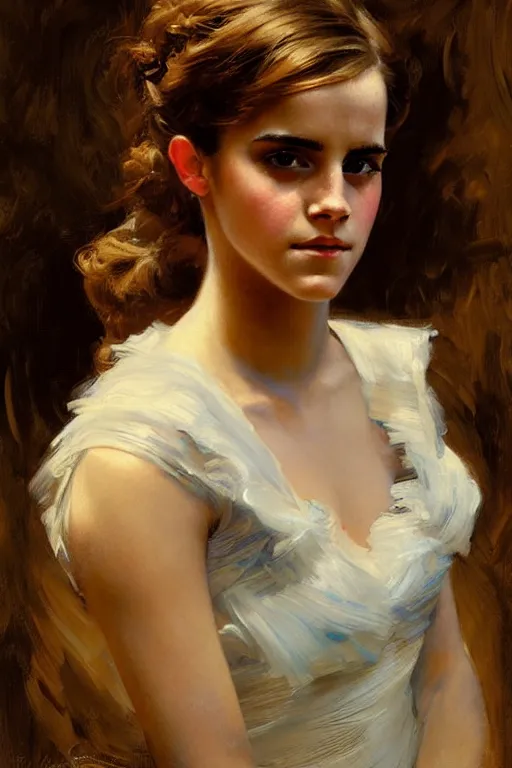 Prompt: emma watson detailed portrait painting by gaston bussiere craig mullins j. c. leyendecker