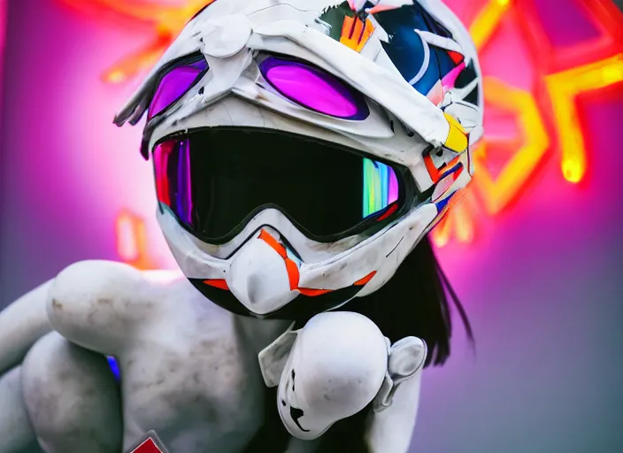 Image similar to extremely beautiful photo of a white marble statue of an anime girl with colorful motocross logos and motorcycle helmet with closed visor, colorful smoke in the background, carved marble statue, fine art, neon genesis evangelion, virgil abloh, offwhite, denoise, highly detailed, 8 k, hyperreal