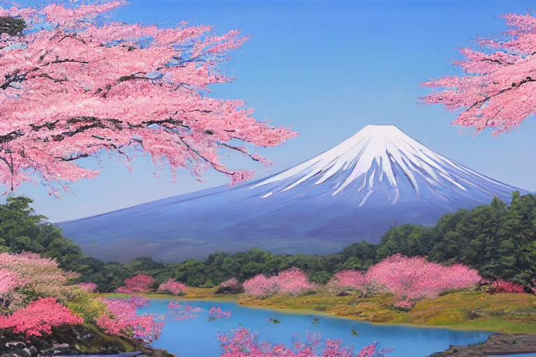 Image similar to mount fuji, view from behind lake, sunny morning, photorealistic landscape, oil on canvas, standing under blossoming cherry trees