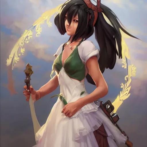 Image similar to 2 5 year old!! yuffie kisaragi in a wedding dress, cg animation, riot entertainment, arcane, realistic, character select portrait, by artgerm, greg rutkowski, alphonse mucha, 3 d