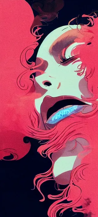 Image similar to lots of swirling, dreamy, thick smoke exhaled from a pretty young woman's open mouth, smoke drifting all around, by conrad roset, dramatic digital art, trending on artstation