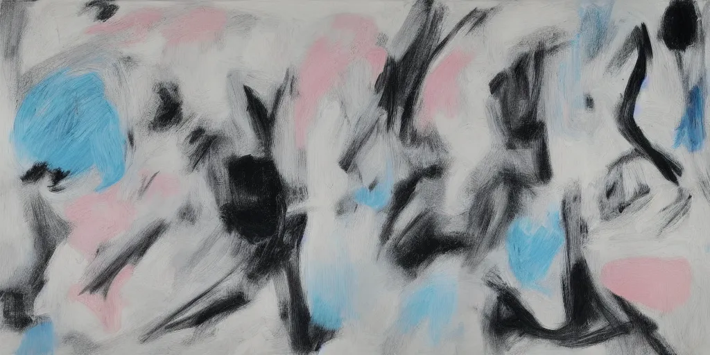 Image similar to black white painting by de kooning on white canvas, soft blue and pink tints, thin black lines, detailed martha jungwirth drawing sketch, painted by yves tanguy, informal, oil on canvas, thick impasto