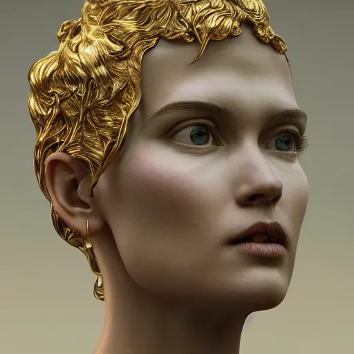 Prompt: Ultra detailed 3d render Macro of a marble statue, beautiful woman face, long hair, symmetrical composition, intricate thin details in gold, By James Jean and Tom Bagshaw and Victo Ngai and Craig Mullins, fantasy flowers and leaves, octane render, 8k, high quality, volumetric lighting, color grading