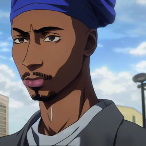 Prompt: A still of Tupac Shakur in Attack On Titan Anime Series, 8k Resolution. Tupac, XF IQ4, f/1.4, ISO 200, 1/160s, 8K, RAW, unedited, symmetrical balance, in-frame