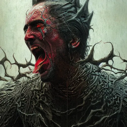 Prompt: Nicolas Cage as god of chaos in flames screaming dark fantasy, intricate, smooth, artstation, painted by Wayne Barlowe, Greg Rutkowski, Zdislav Beksinski