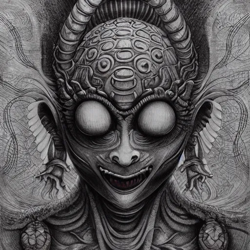 Prompt: naraka buddhist demon korean female, happy female alien, tubular creature, blood vesels, no face, dystopian surrealism, alex ries zdzisław beksinski, symmetrical long head, smooth marble surfaces, smooth marble surfaces, detailed ink illustration, detailed ink illustration, raiden metal gear, cinematic smooth stone, deep aesthetic, concept art, intricate