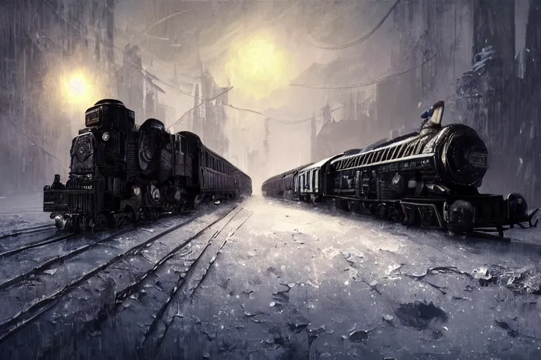 Image similar to willy wonka's grand intricate futuristic black steam train, post - apocalyptic ice landscape in snowstorm, concept art, artstation, highly detailed, digital art