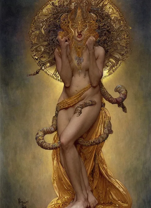 Prompt: hyper realistic painting of goddess of hysteria, gold ornaments, flowing fabric, intrincate detail, detailed faces by wayne barlowe, gustav moreau, goward, gaston bussiere and roberto ferri, santiago caruso, and austin osman spare, ( ( ( ( occult art ) ) ) ) bouguereau, alphonse mucha, saturno butto