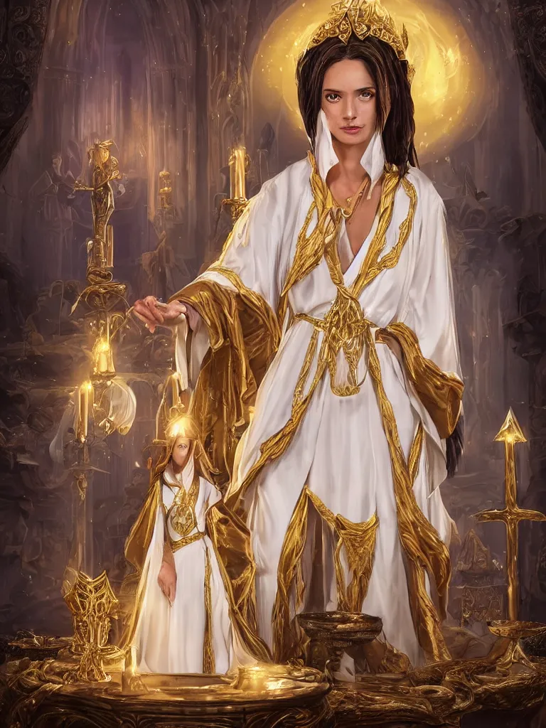 Prompt: Full portrait of a young Priestess Lady, pearl white robes with golden details, alluring, detailed face, dark brown skin, supernatural golden eyes, golden straight hair, bracelets, floating, spellcasting, statues and an altar filling the background, SINGLE CHARACTER!, highly detailed, high fantasy, dnd, d&d, dungeons and dragons, smooth, sharp focus, no extra characters, realistic, digital illustration, by Artgerm and Greg Rutkowski and Alphonse Mucha, artstation, HD, 4K, midjourney