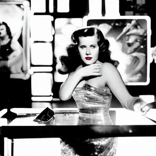 Prompt: Classic film noir scene, Amy Adams as a singer in a 1940\'s jazz bar, medium shot, chiaroscuro, black and white, spotlight on the singer, cigarette smoke rising from tables, high contrast