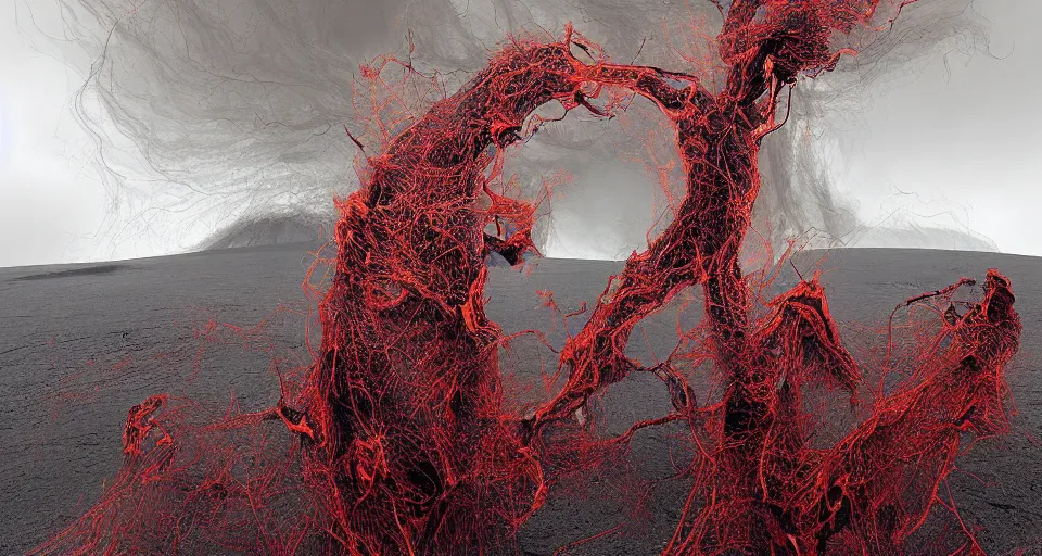 Prompt: a volcano made of ivory vines and crimson rocks enters in eruption, it spits a smoke in the shape of demonic eye, by Peter Holme III