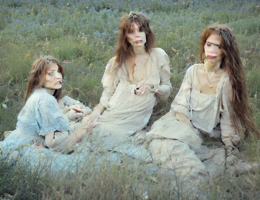 Image similar to peasant sisters with long messy hair, cottage core, cinematic focus, polaroid photo bleached vintage pastel colors high - key lighting, soft lights, foggy, by steve hanks, by lisa yuskavage, by serov valentin, by tarkovsky, 8 k render, detailed, oil on canvas