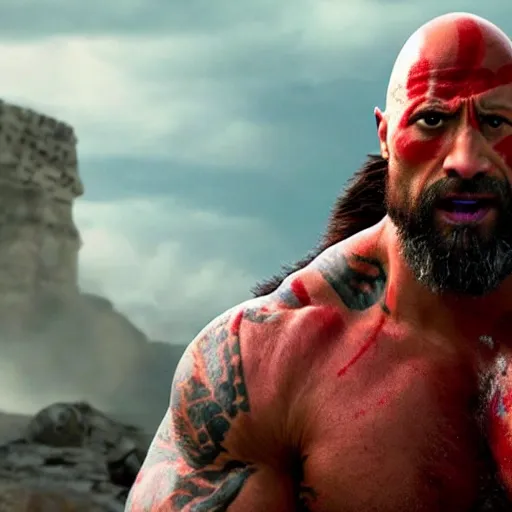 Prompt: dwayne johnson as kratos 4 k detailed