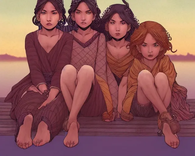 Image similar to fantasy comic cover art of a ( ( trio of village girls ) ) sitting on a dock, detailed faces, illustration by jenny frison and sana takeda and kenichi sonoda, intricate details, stunning inking lines, stunning gradient colors, 4 k, hd, artstation, award winning