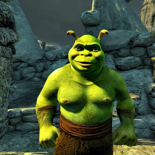 Image similar to shrek as the main character of skyrim