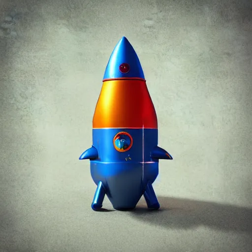 Image similar to a cute space rocket made of shiny plastic and aluminium - professional photo studio - unreal 5 - artstation trending - vintage design - dark bleu background - vignette