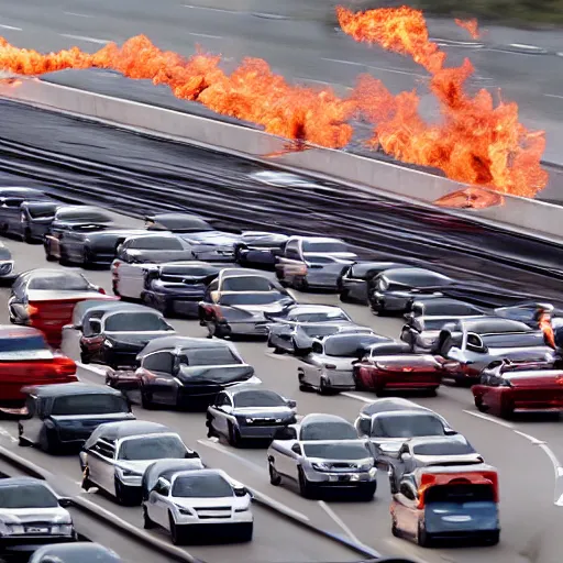 Image similar to professional photograph of donald!! trump!! on the highway firebending cars, dramatization