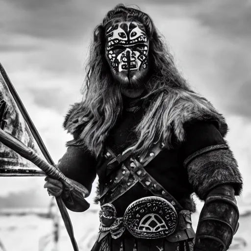 Image similar to viking in black body armour with black and white face painting, extremely detailed image from a film