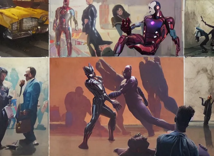 Image similar to a still from the movie avengers : infinty war, a still from the film joker in style of francis bacon and norman rockwell and james jean, a still from the movie the godfather, and mark brooks, triadic color scheme, by greg rutkowski, syd mead and edward hopper and norman rockwell and beksinski, dark surrealism