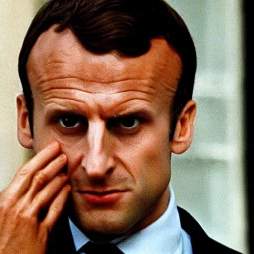 Prompt: Emmanuel Macron crying in American Psycho (1999)