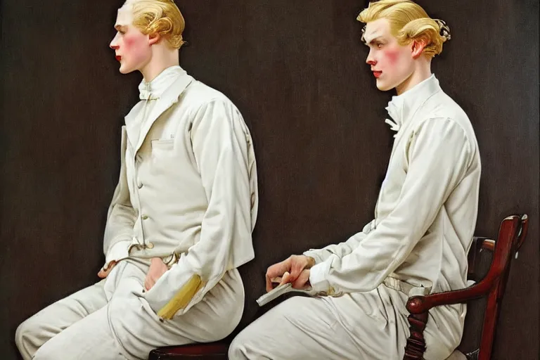 Image similar to Painting of lucius as a German tailor, long blond drill curls, delicate androgynous prince, pale milky white porcelain skin, by Leyendecker and Norman Rockwell