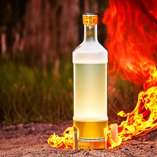 Prompt: an award - winning advertisement photo of a translucent glass vodka bottle in the style of a propane cylinder with fire surrounding it