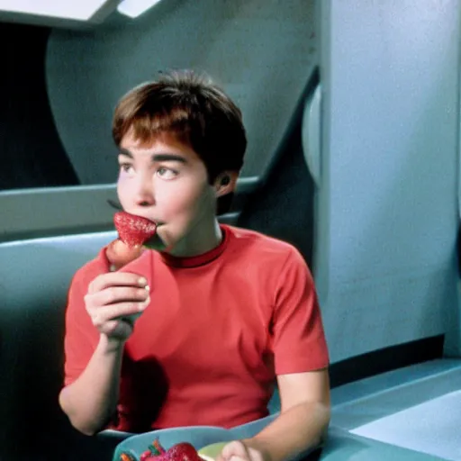 Image similar to Wesley Crusher from the USS Enterprise eating a strawberry icecream in the holodeck, set photo, candid, film grain