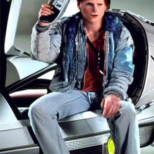 Image similar to Marty McFly listening to music with the Delorean, 80s style