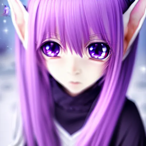 Prompt: photo of a cute young anime-style girl, elf ears, white hear with purple shine, long , realistic, wide focus, 8k ultra, insanely detailed, intricate, elegant, art by WLOP