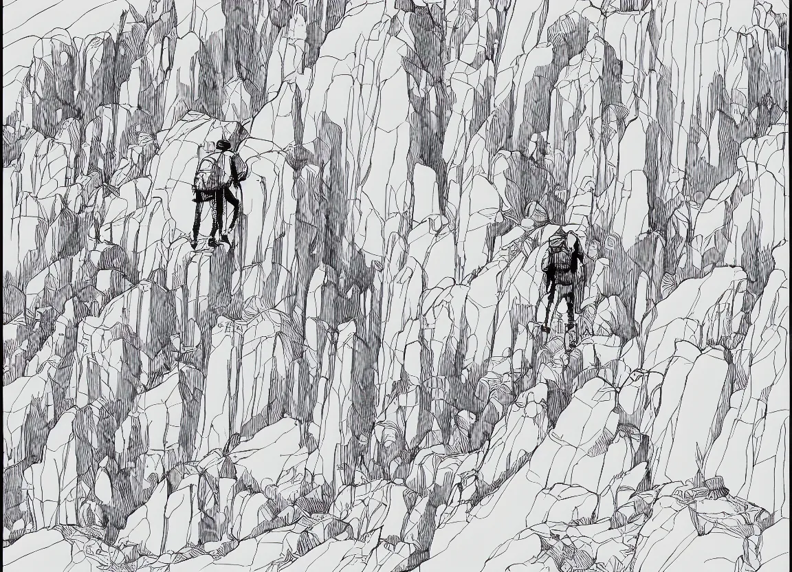 Image similar to backpacker standing on ridgeline in utah, minimalist line art by moebius, clean long lines, ultra detailed