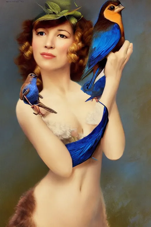 Image similar to portrait of sophie marceau as pinup girl holding an indigo bunting, bird, the bird is wearing a bowtie, by greg rutkowski, rossdraws, gil elvgren, enoch bolles, porcelain skin, glistening, very coherent,