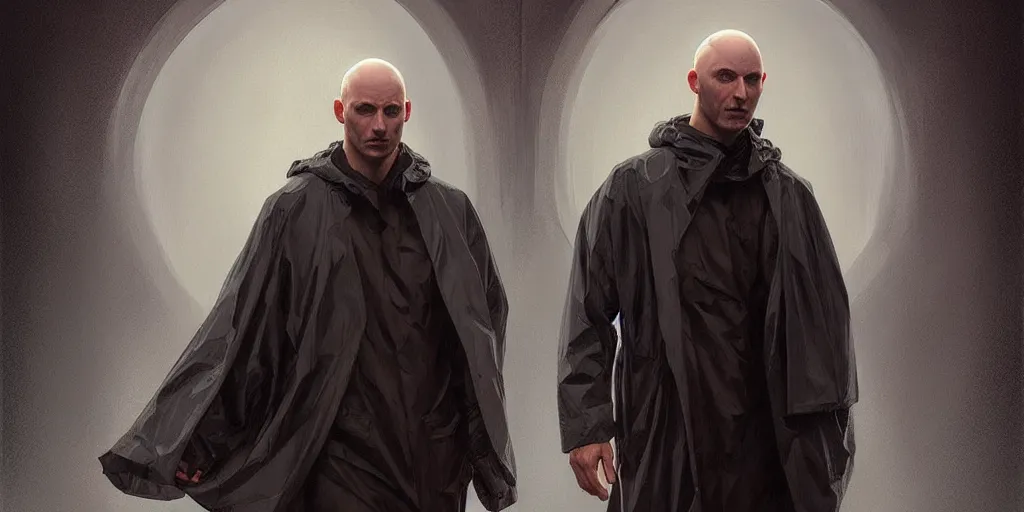 Prompt: european ( ( ( ( bald man ) ) ) ) dressed in raincoat, male, clear face, masculine, upper body, highly detailed, digital painting, artstation, concept art, matte, sharp focus, illustration, art by artgerm and greg rutkowski and alphonse mucha