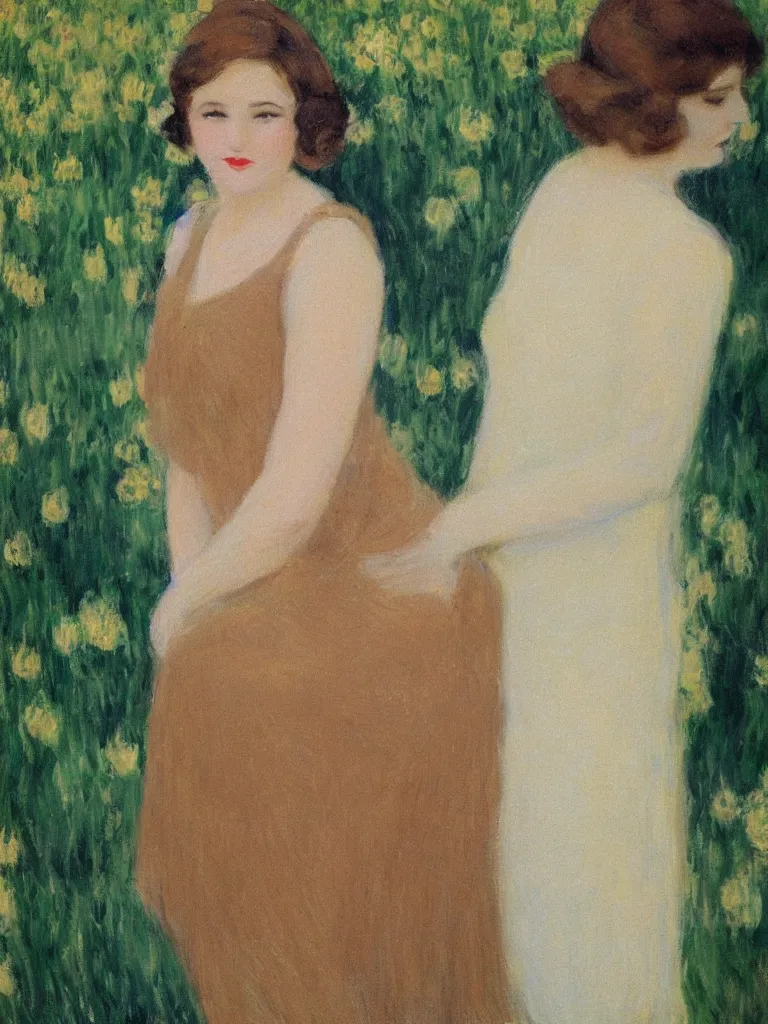 Image similar to portrait of < zelda fitzgerald > as a beautiful young lady wearing 1 9 2 0 s fashion, blurry face, brown hair, slim, fair, severe out of focus, depth of field, pleinairism, in the sun, backlit, closeup, oil on canvas, atr by monet, in the style of le promenade, smooth, impressionnisme, 8 k