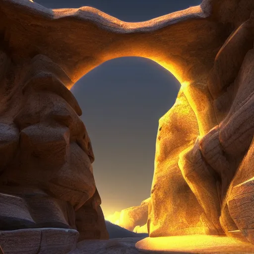 Prompt: arc gates in a canyon, dust light, ultra realistic details, 8 k